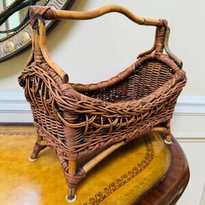 VTG Mid Century Bamboo Rattan Wicker Sturdy Footed Wooden Magazine File Basket